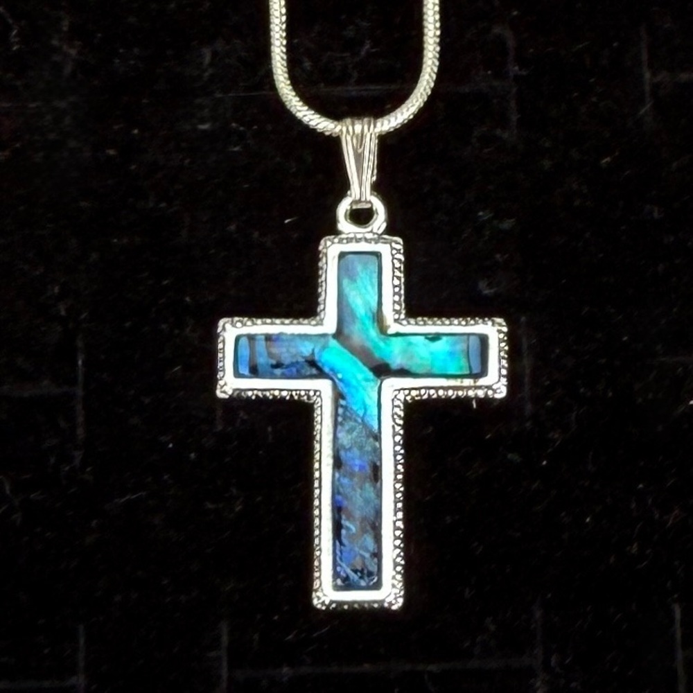 Blue Cross Pendant Snake Chain Necklace Silver Tone Faith Inspirational Gift